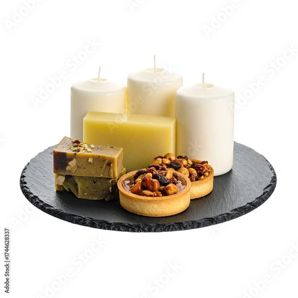Obraz Arrangement of candles, soap, and pastries on a dark stone plate