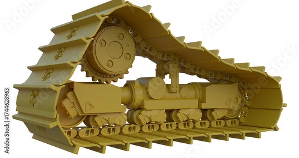 Fototapeta Dozer track 3D rendered image. The model showcases the sprocket, idler, rollers, track frame and track links. Suitable for industrial education, construction and manufacturing concepts