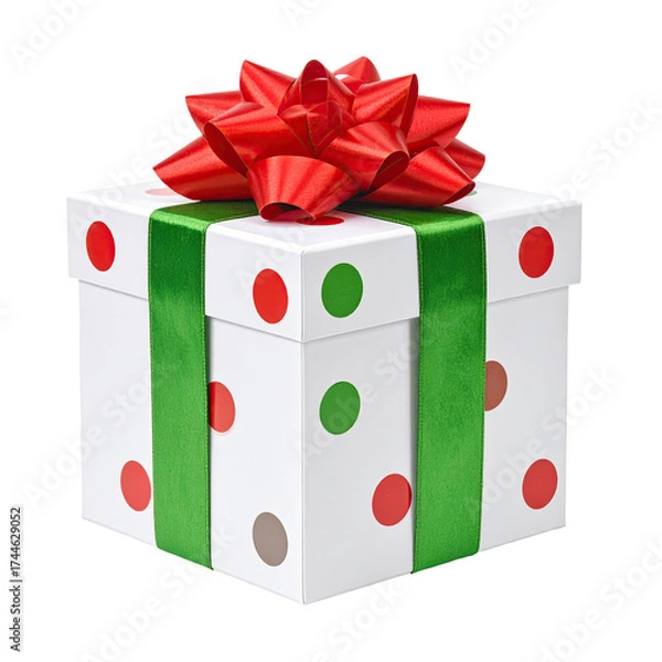 Obraz Square gift box with colorful polka dots, wrapped in green ribbon, topped by a red bow