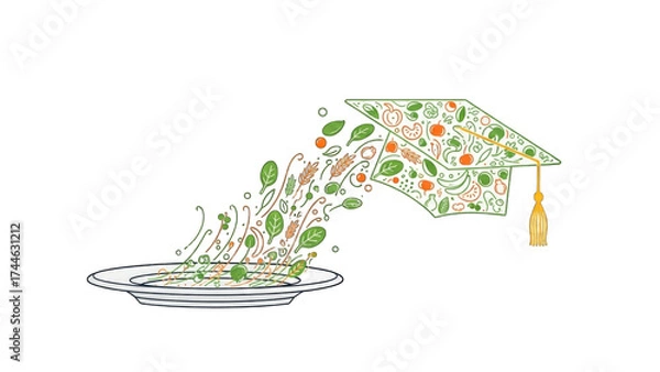 Fototapeta Colorful salad spilling from graduation cap on plate