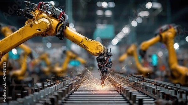 Obraz Advanced robotic assembly of aerospace components in automotive manufacturing environment showcasing autonomous ai technology and precision engineering