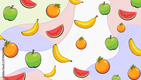 Fototapeta Bright Fruit Pattern With Bananas Apples Oranges And Watermelon On Colorful Background