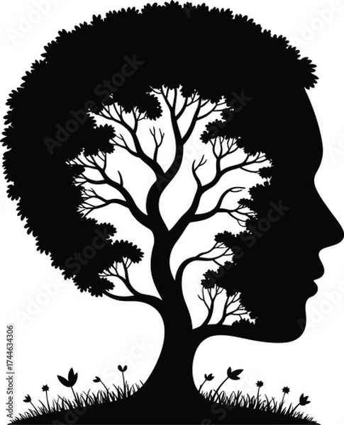 Fototapeta Human head silhouette with tree branches growing inside symbolizing thoughts and nature
