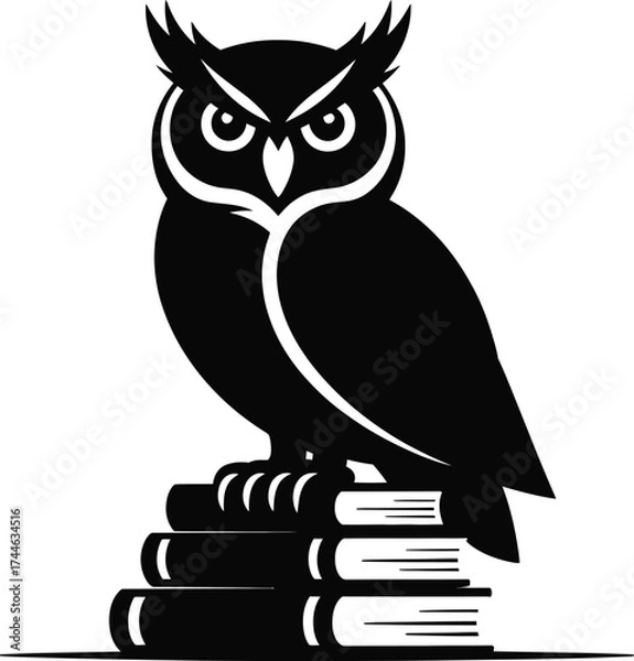 Fototapeta Wise owl perched on a stack of books silhouette design