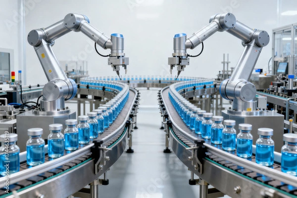 Obraz Automated robotic assembly line with bottles