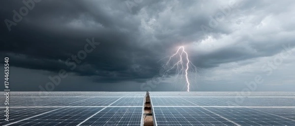 Fototapeta Premium Professional Solar Panel Array Under Stormy Sky with Lightning Modern Clean Energy Resilience for Tech Marketing and Sustainable Social Media