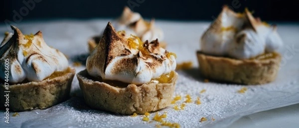 Fototapeta Premium Mini Lemon Meringue Tart with Toasted Peaks and Zest Speckles Authentic Homemade Baking for Mindful Millennial Lifestyle and Social Media Content
