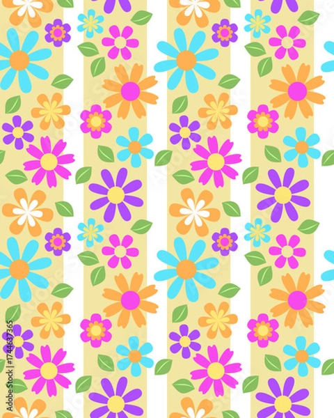 Fototapeta Colorful flower pattern with blue, purple, pink, orange, and white petals on beige vertical stripes, decorated with green leaves, creating cheerful and vibrant design