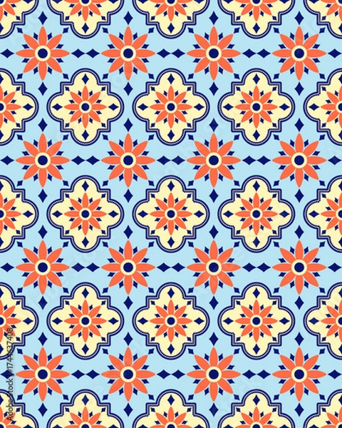 Fototapeta Floral geometric pattern with orange and yellow flowers on blue background, featuring symmetrical shapes and decorative elements creating vibrant and elegant design