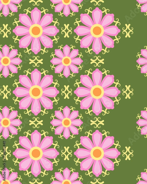 Fototapeta Pink flower pattern with yellow decorative swirls on green background, creating cheerful and vibrant seamless design perfect for textiles or wallpapers