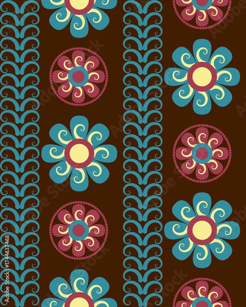 Fototapeta Retro floral pattern with blue and maroon flowers on dark brown background, featuring symmetrical decorative elements and swirling yellow accents for vintage feel