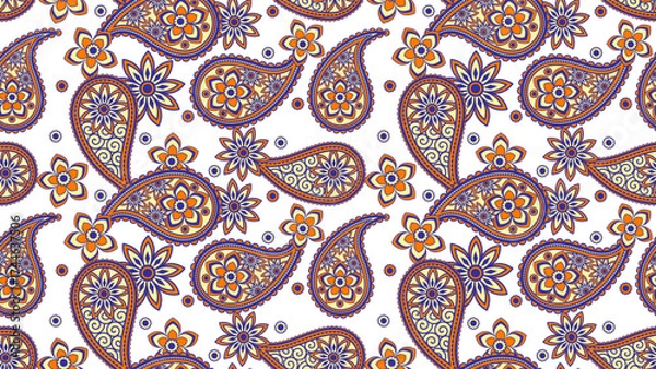 Fototapeta Paisley pattern with orange and blue floral elements on transparency background, creating vibrant and intricate design full of energy and elegance