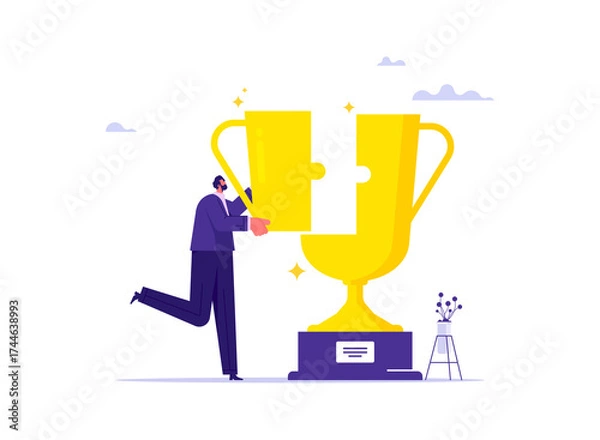 Fototapeta Business growth and success concept, businessman connecting jigsaw puzzle to trophy, building trophy puzzle