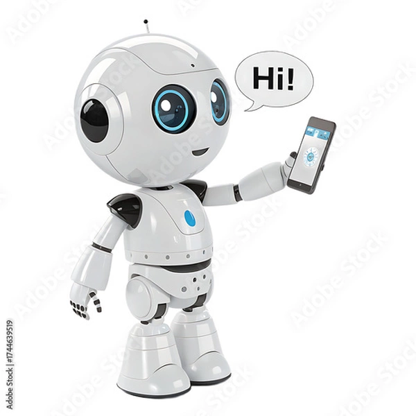 Fototapeta A friendly white robot waving hello while holding a smartphone against a black isolated background