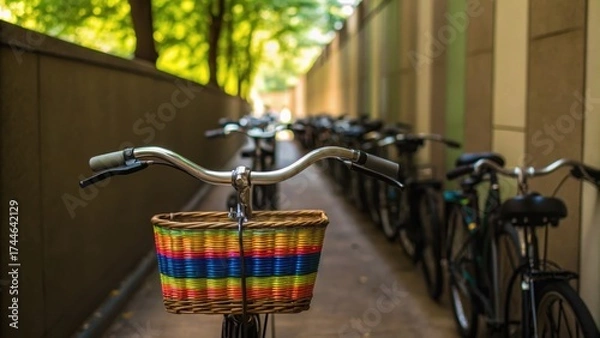Fototapeta Bicycles lined up in a narrow alley, with a focus on the colorful basket of the front bike amidst greenery.