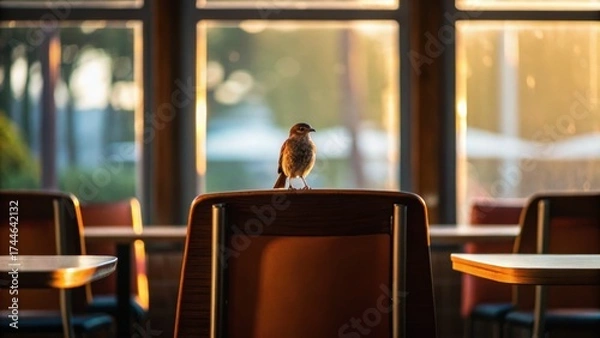 Fototapeta A bird perched on a chair in a cafe, with warm sunlight illuminating the space and blurred backgrounds of tables and chairs.