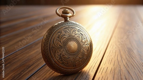 Fototapeta A vintage pocket watch rests on a wooden surface, showcasing intricate designs as warm light illuminates its polished surface.