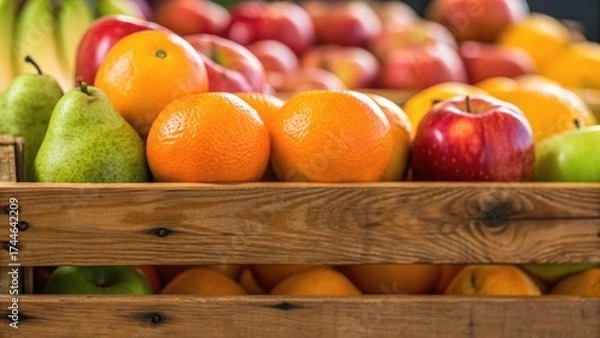 Fototapeta Fresh fruits displayed in a wooden crate, featuring oranges, apples, pears, and other colorful varieties, creating a vibrant market scene.