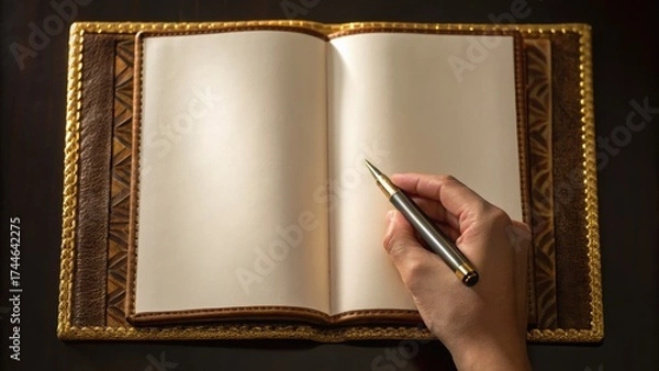 Fototapeta An open blank book rests on a decorative surface, with a hand holding a pen poised to write.
