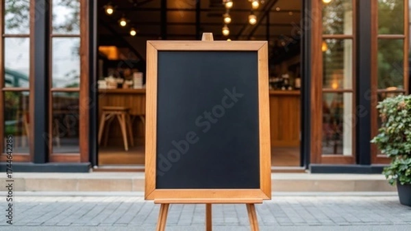 Fototapeta A wooden chalkboard stands outside a café, framed by large glass windows and warm lighting, inviting customers to explore its offerings.