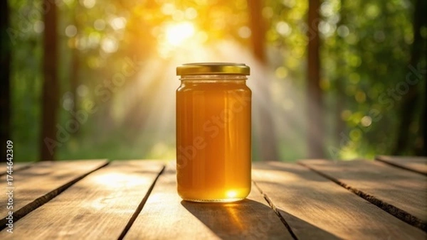 Fototapeta A jar filled with honey sits on a wooden table, illuminated by golden sunlight filtering through lush green trees in the background.