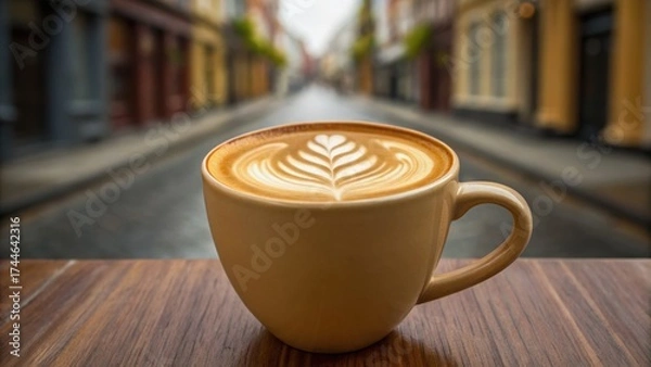 Fototapeta A beautifully crafted cup of coffee with latte art sits on a wooden table, set against a blurred street scene.