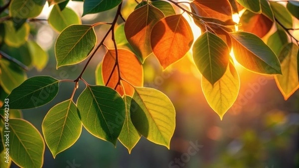 Fototapeta Leaves in various colors illuminated by sunlight, creating a warm and vibrant atmosphere in a natural setting.