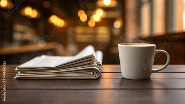 Fototapeta Cozy coffee scene with a steaming cup beside a stack of newspapers, set in a softly lit, inviting atmosphere.