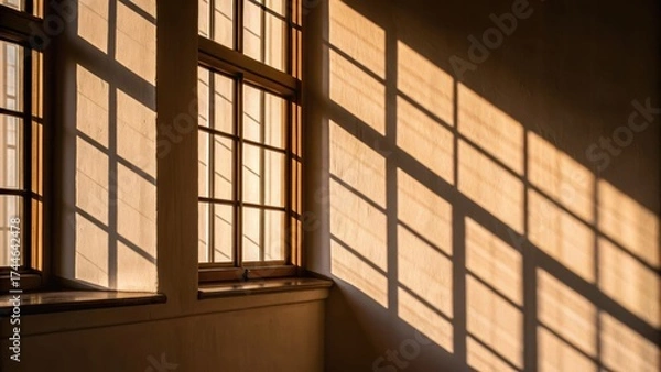 Fototapeta Sunlight casts patterned shadows through windows onto a wall, creating a warm and inviting atmosphere in the interior space.