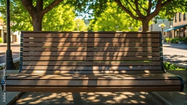 Fototapeta A wooden bench sits under leafy trees, casting intricate shadows on the ground in a peaceful outdoor setting.