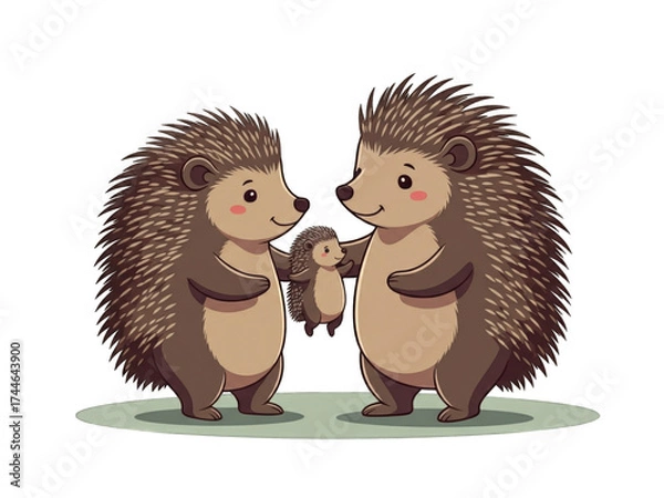 Obraz Cute cartoon hedgehogs family with two parents and a baby standing on green ground, isolated on white background.