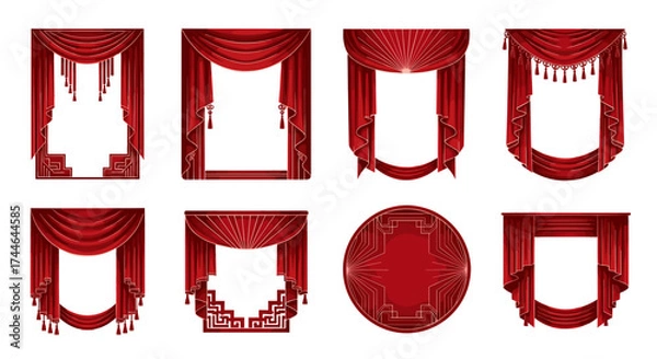 Fototapeta Vector art of collection of red curtains with golden accents
