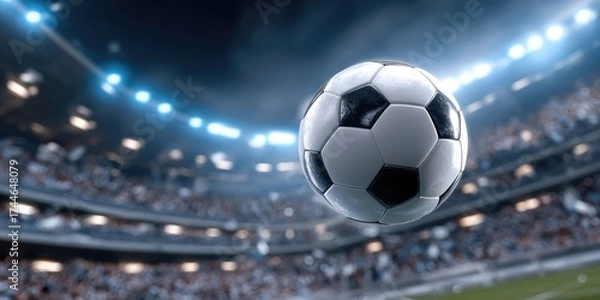 Obraz Successful european cup flight a winning ball broadcasted live in the stadium environment with fans cheering for their teams