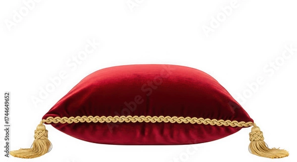 Fototapeta Red velvet cushion with golden tassels isolated on transparent background in studio