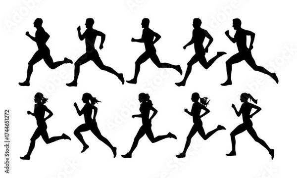 Fototapeta Silhouettes of male and female runners in various stages of running motion, arranged in two rows against a white background.