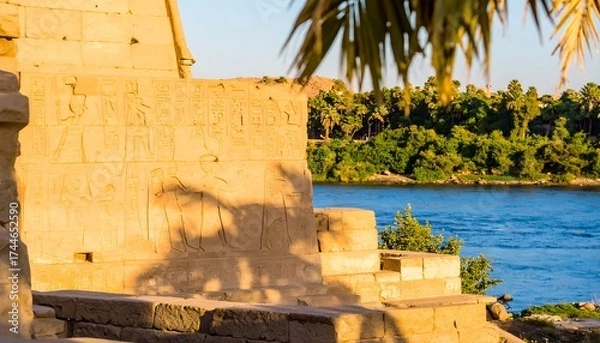 Obraz Ancient temple by river at sunset