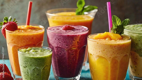 Obraz Colorful smoothies with straws on the table: A close-up photo captures colorful smoothies artistically arranged.