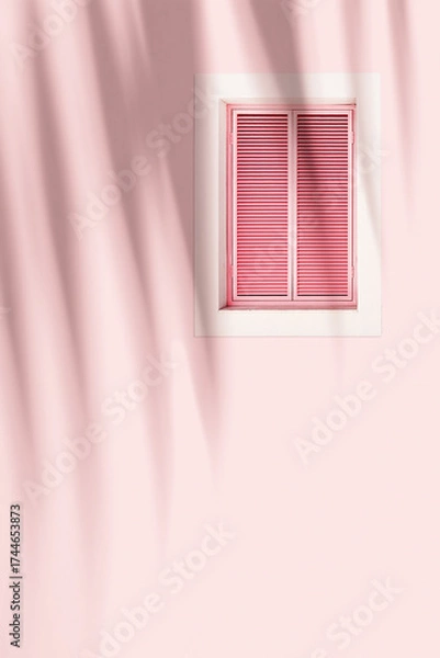 Fototapeta Retro Window with pink closed Shutters Jalousie on pastel pink background with palm leaf shadow, Window frame wood on outdoor wall building. Minimal design abstract. Summer, travel concept copyspace