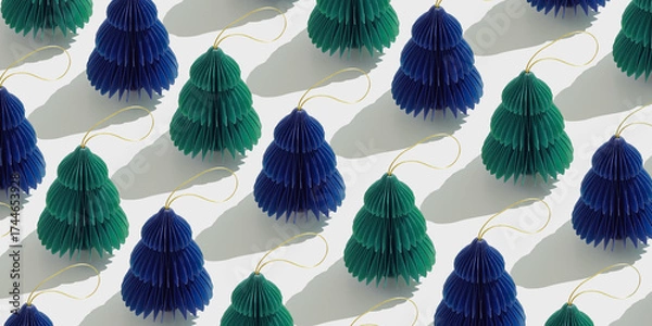 Fototapeta Top view of green blue honeycomb paper Christmas ornaments in minimal trend pattern on light background. New Year fir tree with sun shadows creating rhythmic, graphic banner modern holiday themes.