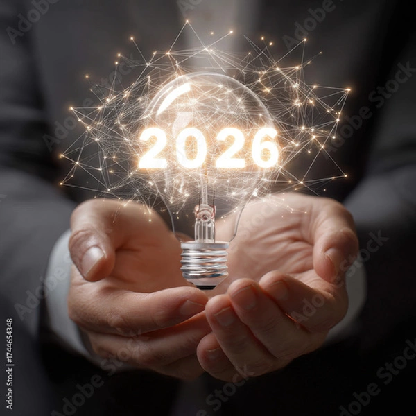 Fototapeta Businessman holding light bulb with 2026 target, symbolizing vision and innovation for future goals