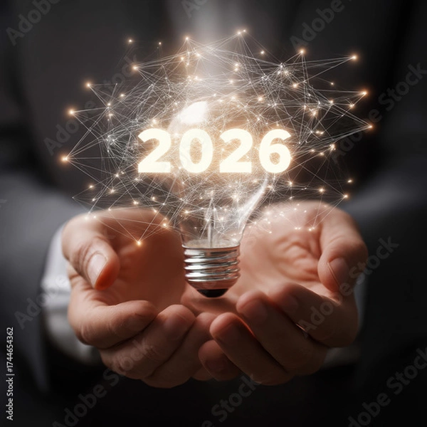 Fototapeta Businessman holding light bulb with 2026 target, symbolizing vision and innovation for future goals