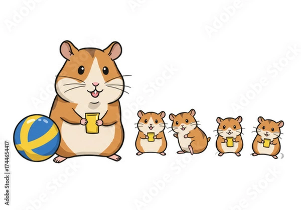 Obraz Cartoon illustration of a hamster family with a ball, featuring a larger hamster and four smaller ones.