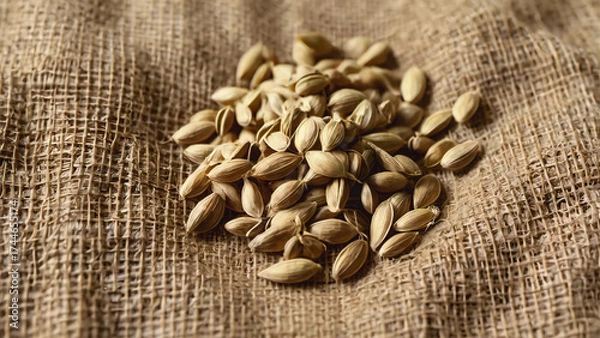 Obraz Seeds on a coarse cloth with a natural layout of dry texture for agricultural health or botanical visuals
