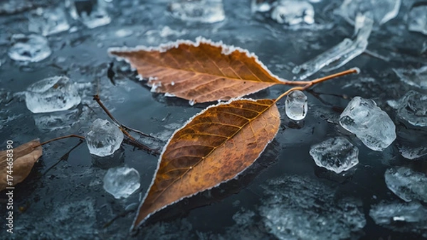 Obraz Leaves stuck in ice with trapped textures natural contrast and seasonal tone perfect for frozen or poetic visuals.