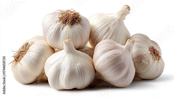 Fototapeta Fresh garlic bulbs stacked together on a clean white background