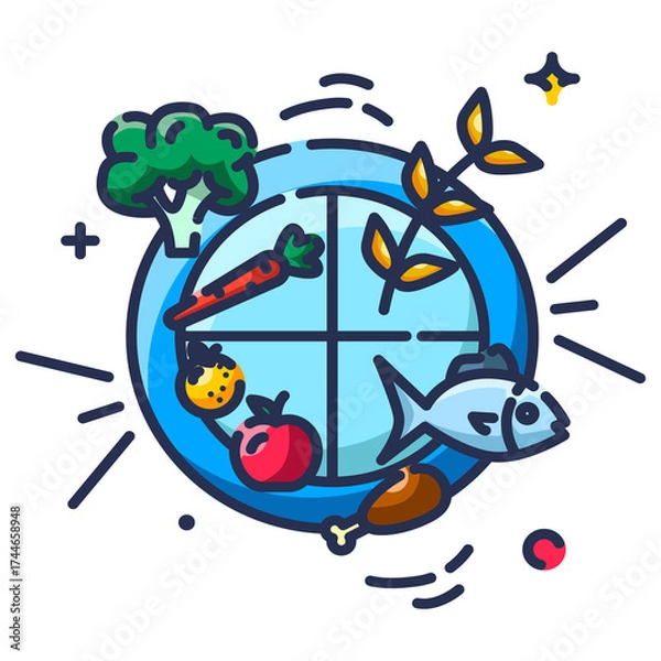 Fototapeta Diet Plate Icon with Food Groups Vector Illustration for Diet and Healthy Lifestyle on Transparent Background