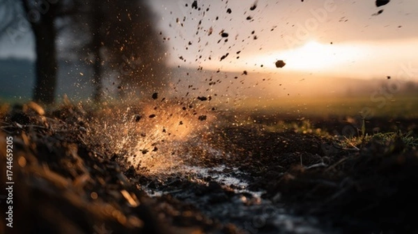 Obraz Macro Detail of Spittle Hitting Ground at Rural Scene During Sunset