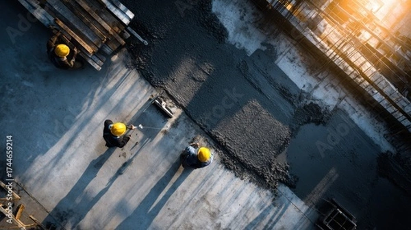 Obraz Workers Smoothing Fresh Concrete Surface on Rooftop Construction Site