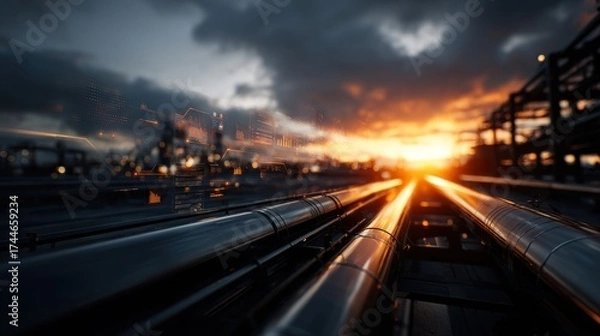 Obraz Sleek Metallic Pipelines Extending Into the Distant Sunset