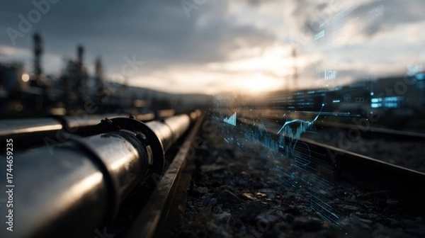 Obraz Sleek Metallic Oil Pipelines Extending Into a Distant Horizon
